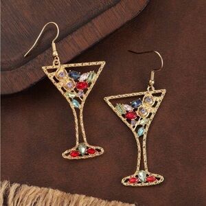 Gold Cocktail Glass Earrings with Multicolor Gems